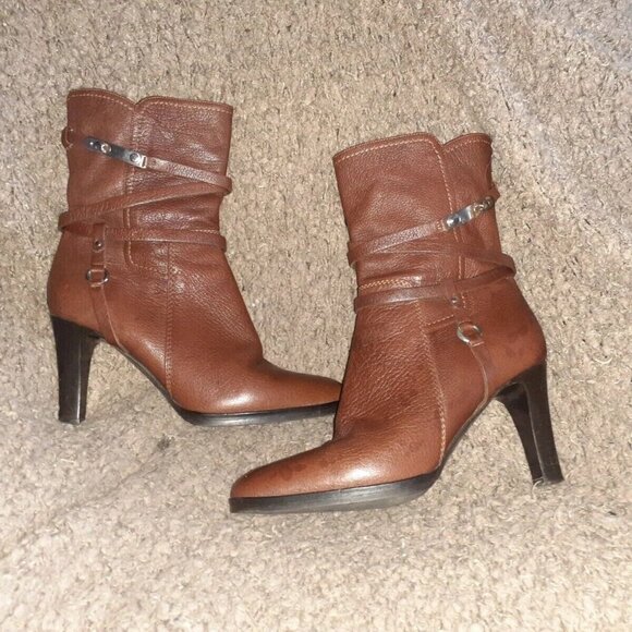 ALBERTO GOZZI-Brown Leather-Riding-Strappy-Mid-Calf-Zip Boots-Sz 38-Excellent - Picture 1 of 7